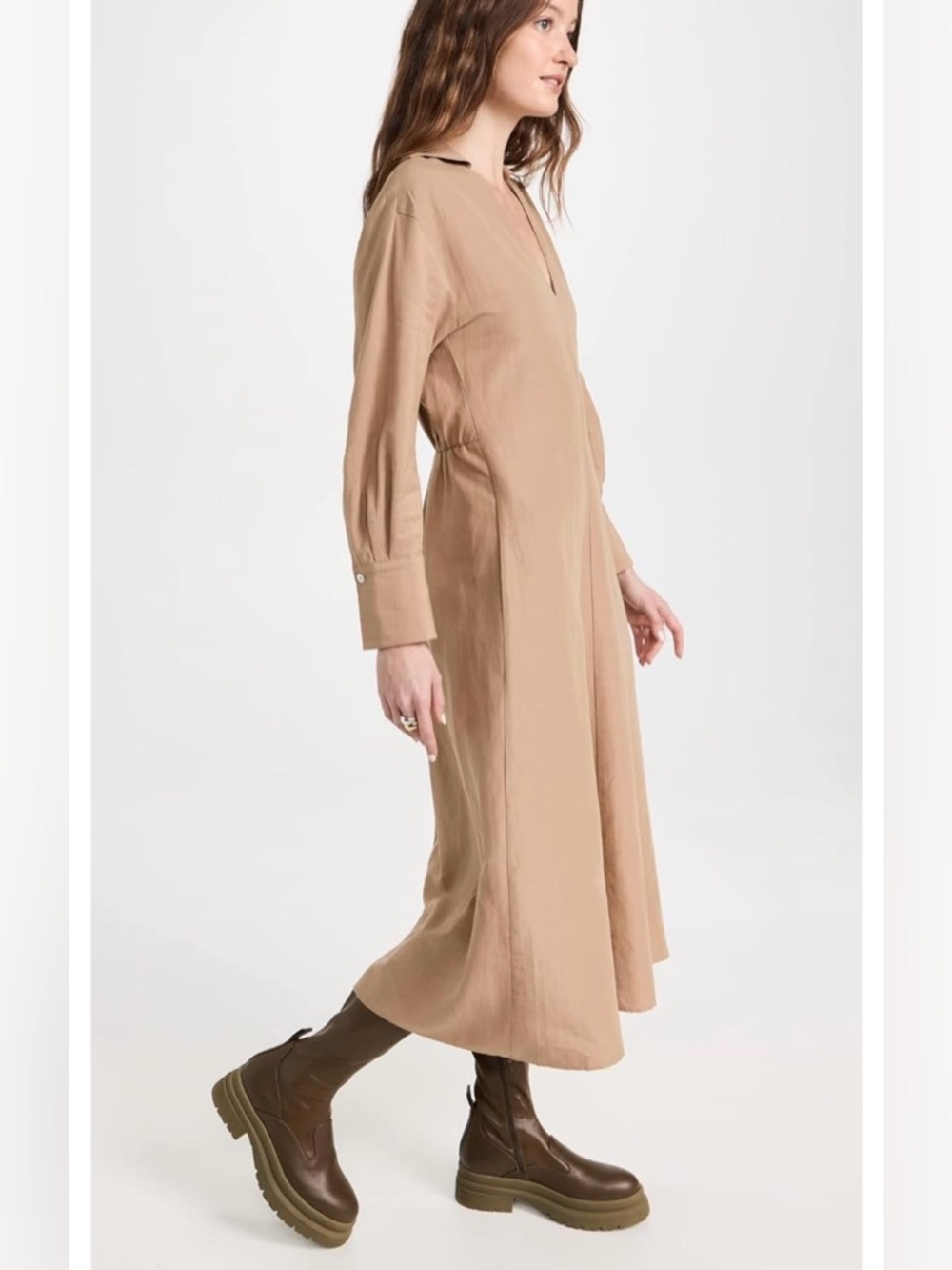 VINCE Cotton/Linen Chemisier Shaped Collar V-Neck Long Sleeve Dress - Picture 4 of 6